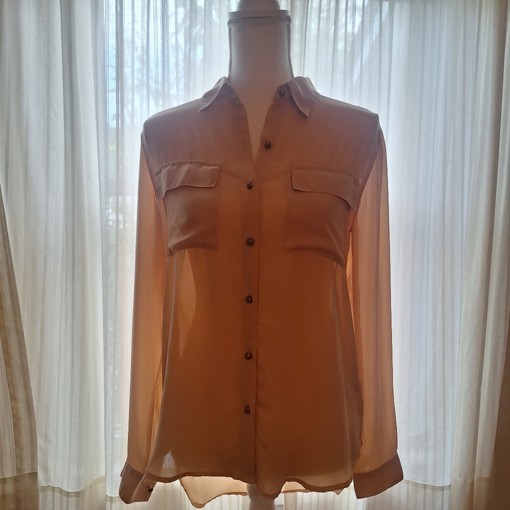 Long Silky Tan Blouse by Love Culture Gold Buttons Semi Sheer Drop Back Hemline